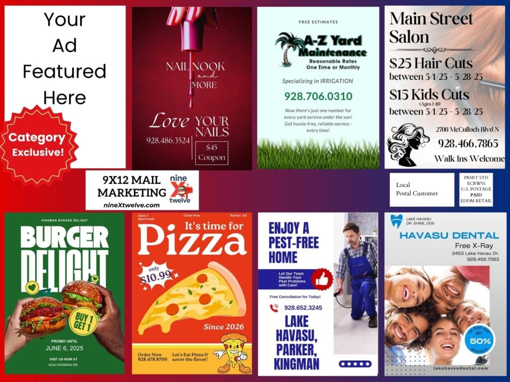 Front of NineXtwelve’s May 9x12 postcard featuring Lake Havasu, Parker, and Kingman businesses with a bold red ‘Category Exclusive!’ badge on the open ad slot.