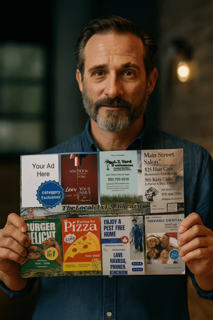 9x12 postcard marketing local businessman holding